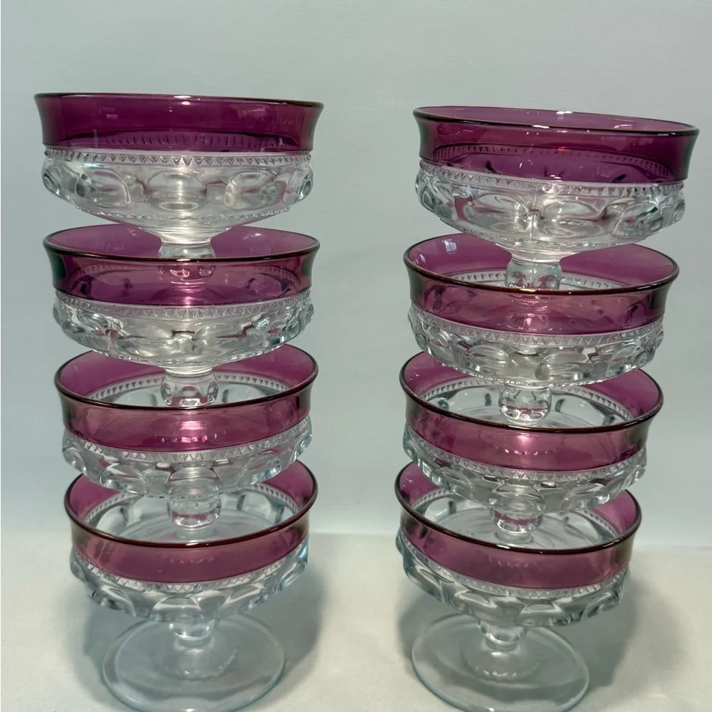 Set Of 8 Tiffin Kings Crown Thumbprint Cranberry Flash Sherbet Dessert Glass